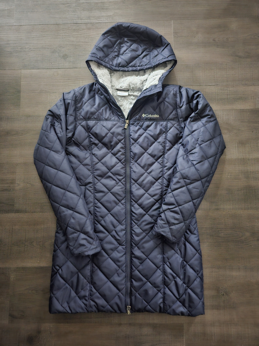 Columbia Women's Copper Crest Hooded Quilted Long Jacket – Dark Navy Blue, Size